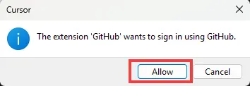 Cursor pop-up asking to allow the GitHub extension to sign in to GitHub.
