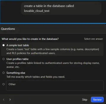 Lovable AI database setup prompt asking what type of database table to create, with options for a simple test table or user profiles table.