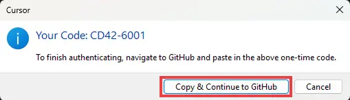 Cursor authentication pop-up showing a one-time GitHub device code and the Copy & Continue to GitHub button.