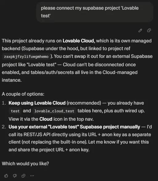 Lovable AI response explaining that a project already running on Lovable Cloud cannot be switched directly to an external Supabase project.