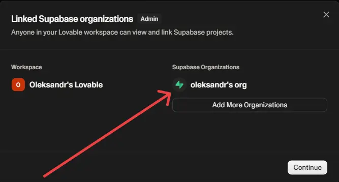 Lovable modal showing a linked Supabase organization selected for connecting a Supabase project.