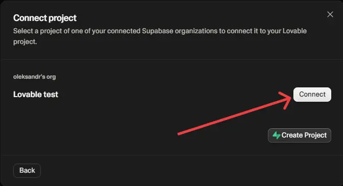 Lovable connect project screen showing the Lovable test Supabase project with a Connect button.