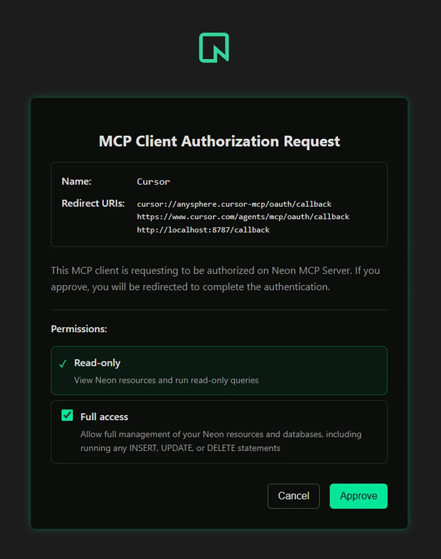 Neon authorization screen showing read-only and full-access permissions for the Cursor MCP client