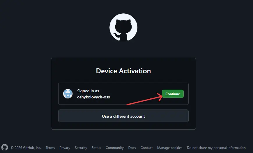 GitHub device activation screen showing the signed-in account and the Continue button.