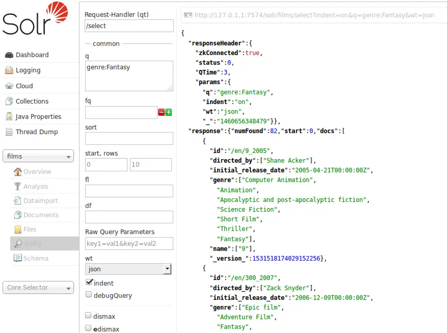 Apache Solr admin dashboard showing search query parameters on the left and JSON search results on the right.