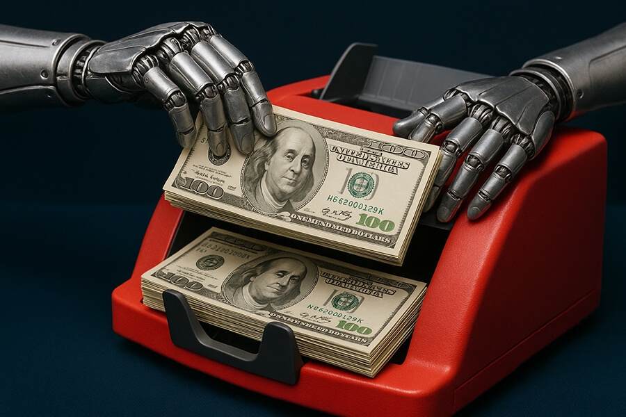 An image showing AI powered robot operating money counting machine