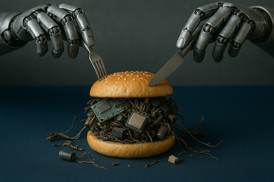 A title image showing a robot eating a burger filled with computer parts