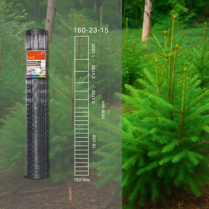 A roll of fencing material labeled "Forst," with measurements, is displayed beside a lush green conifer tree in a forest setting.