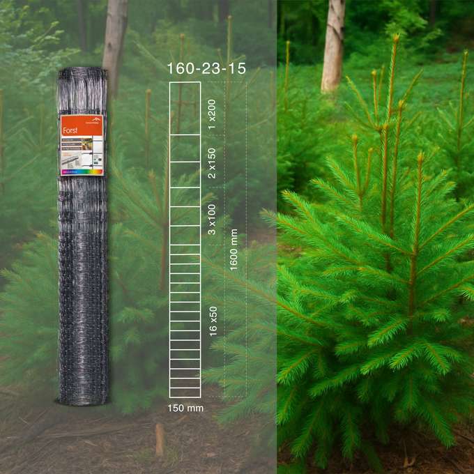 A roll of fencing material labeled "Forst," with measurements, is displayed beside a lush green conifer tree in a forest setting.