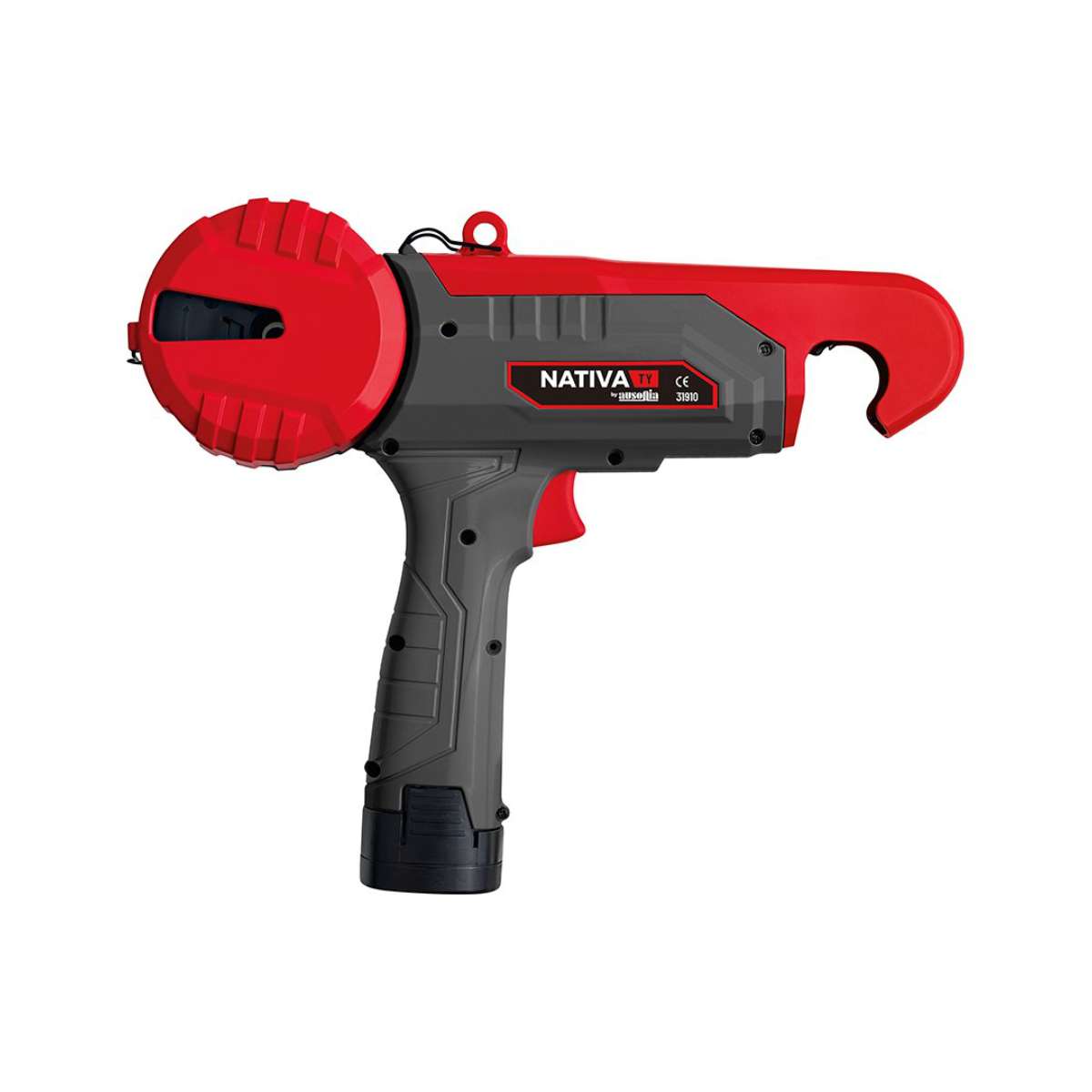Red and black handheld electric cable tie tool, labeled "Nativa," with a sleek ergonomic design and a textured grip handle.