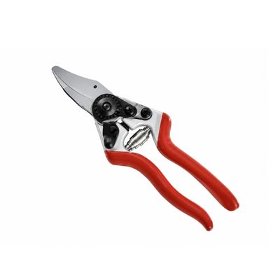 Red-handled pruning shears with a silver blade and a gear mechanism, isolated on a white background.