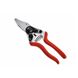 Red-handled pruning shears with a silver blade and a gear mechanism, isolated on a white background.