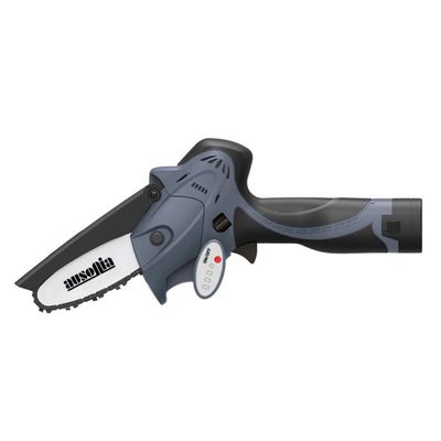 A compact, handheld cordless mini chainsaw with a gray and black design, featuring a small blade suitable for light cutting tasks.