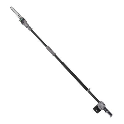 A long pole hedge trimmer with a silver cutting blade and a black handle, designed for reaching high branches.