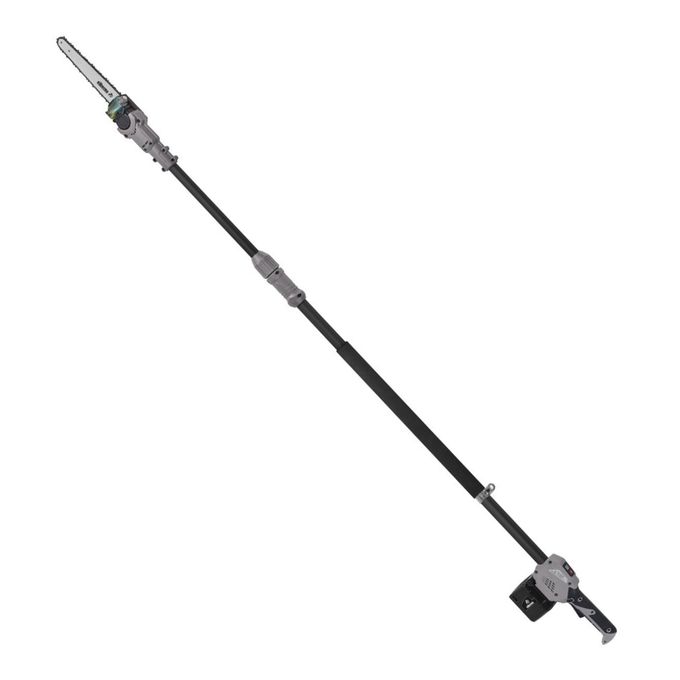 A long pole hedge trimmer with a silver cutting blade and a black handle, designed for reaching high branches.