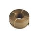A coiled roll of bronze metal wire secured with tan straps, forming a neat circular shape against a white background.
