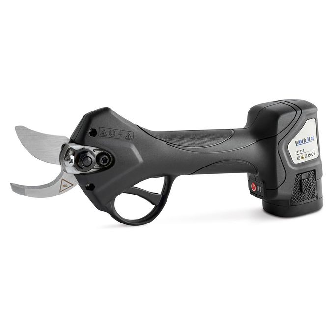 Black cordless electric pruning shears with ergonomic handle and sharp curved blades, designed for easy garden use.