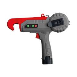 Handheld electric tape dispenser featuring a red and gray design with a circular reel and digital buttons on the handle.