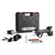 Electric pruner kit with a black carrying case, charger, wrench, oil bottle, sharpening stone, and adapter on a white background.