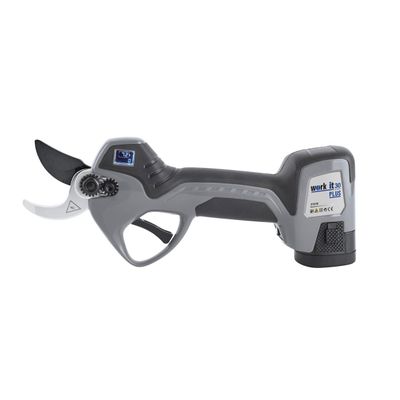 Electric pruning shears with a black and gray handle, featuring a small digital display and labeled "Work It 30 Plus."