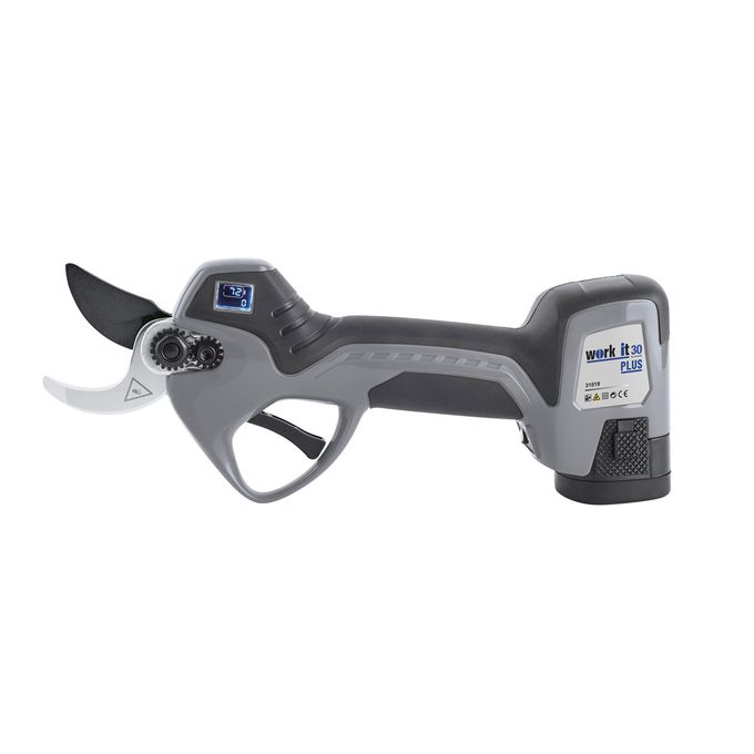 Electric pruning shears with a black and gray handle, featuring a small digital display and labeled "Work It 30 Plus."