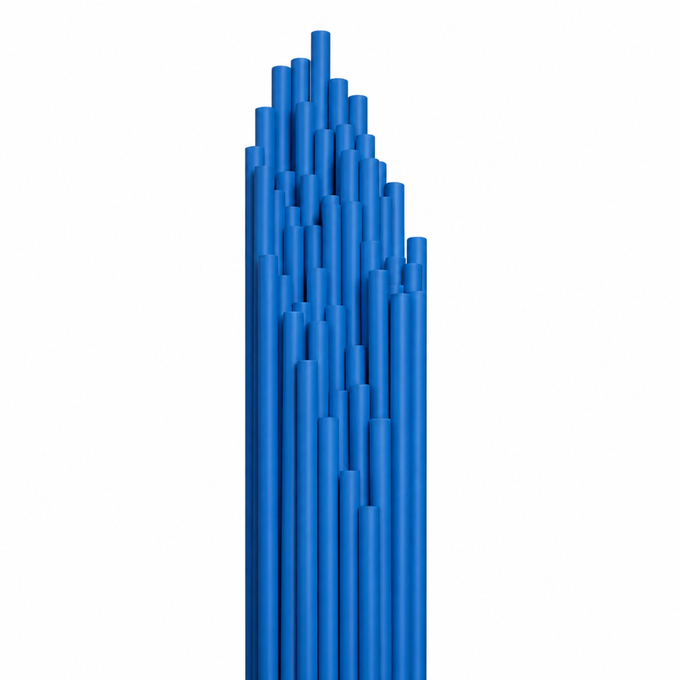 Tall cluster of blue, cylindrical pipes arranged in a staggered formation against a plain white background.