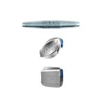 Three metal tensioning devices against a white background, each with a distinct design and blue elements.