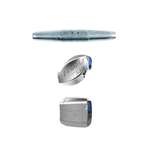 Three metal tensioning devices against a white background, each with a distinct design and blue elements.