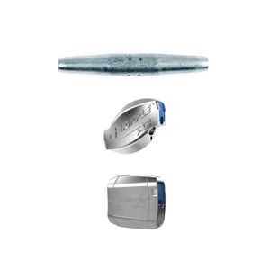 Three metal tensioning devices against a white background, each with a distinct design and blue elements.