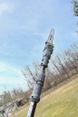 A pole saw with a gray handle is pointed upwards against a clear blue sky, with trees and grass in the background.