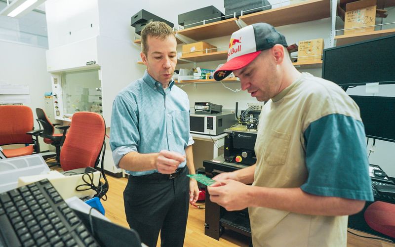 Dr. Michael Kilgard showing David “GrandPooBear” Hunt the chip, which is implanted.