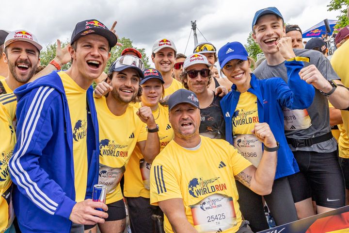 Andreas Wellinger, Leon Vockensberger, Flo Neuschwander, Victoria Swarovski posing for portrait at Wings for Life World Run in Munich, Germany on 05 May, 2024