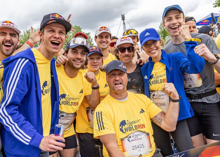Andreas Wellinger, Leon Vockensberger, Flo Neuschwander, Victoria Swarovski posing for portrait at Wings for Life World Run in Munich, Germany on 05 May, 2024