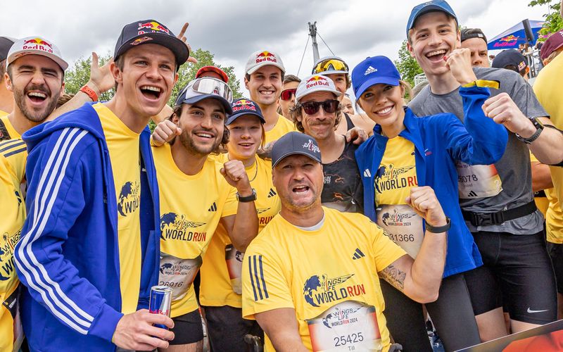 Andreas Wellinger, Leon Vockensberger, Flo Neuschwander, Victoria Swarovski posing for portrait at Wings for Life World Run in Munich, Germany on 05 May, 2024