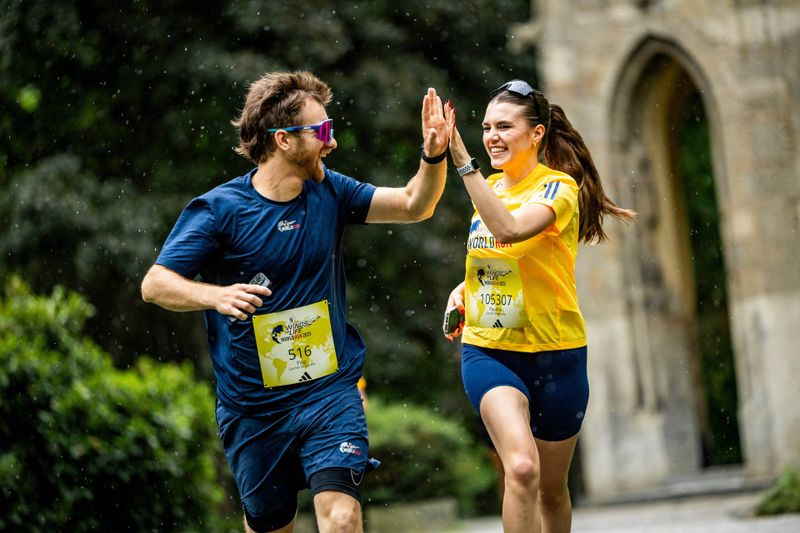 Participants warm up ahead of Wings For Life World Run in Bratislava, Slovakia on May 4, 2025.