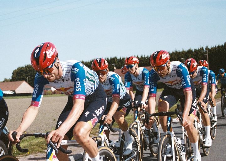 Jordi Meeus, Laurence Pithie, Callum Thornley, Mick van Dijke, Tim van Dijke, Gianni Vermeersch, Arne Marit, Paul Fietzke & Alessio Magagnotti of Red Bull – BORA – hansgrohe during the Recon for the 123rd Paris-Roubaix in Roubaix, France on Apr 09, 2026.