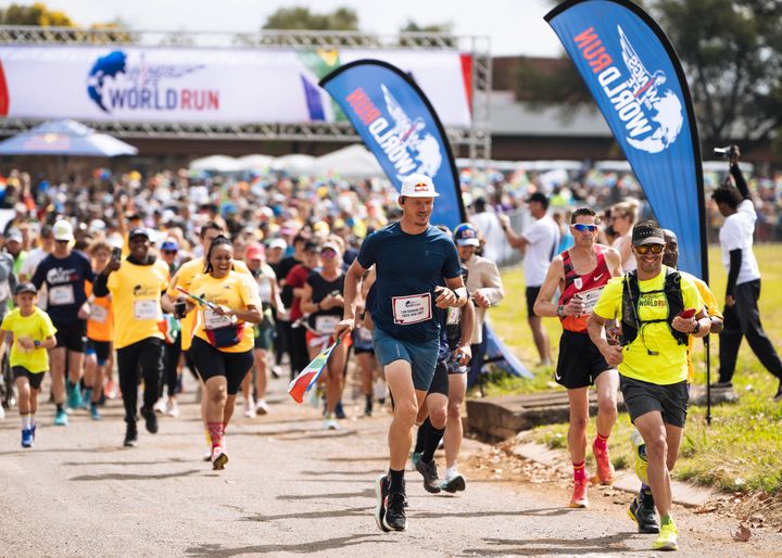 Thomas Van Tonder and other participants run during the Wings for Life World Run App Run in Pretoria, South Africa on May 4, 2025.