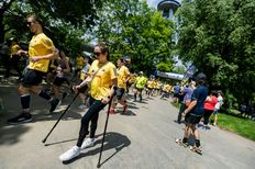 Participants perform during the Wings for Life World Run App Run Event in Bratislava, Slovakia on May 5, 2024.