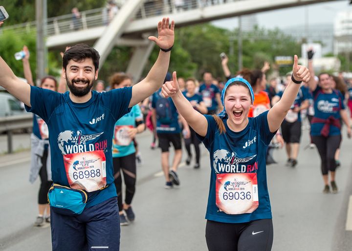 Participants perform during the sixth edition of the Wings for Life World Run in Izmir, Turkey on May 5, 2019.