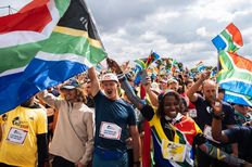 Participants run during the Wings for Life World Run App Run in Pretoria, South Africa on May 4, 2025.