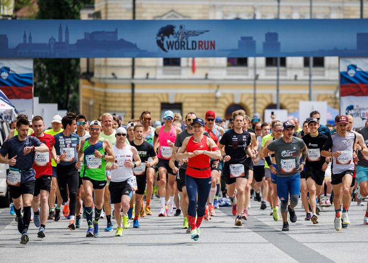 Participants perform during the Wings for Life World Run Flagship Run in Ljubljana, Slovenia on April 8, 2022.