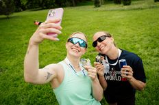 Lucie Minarova poses for a selfie at the Red Bull Wings For Life World Run in Prague, Czech Republic May 4, 2025
