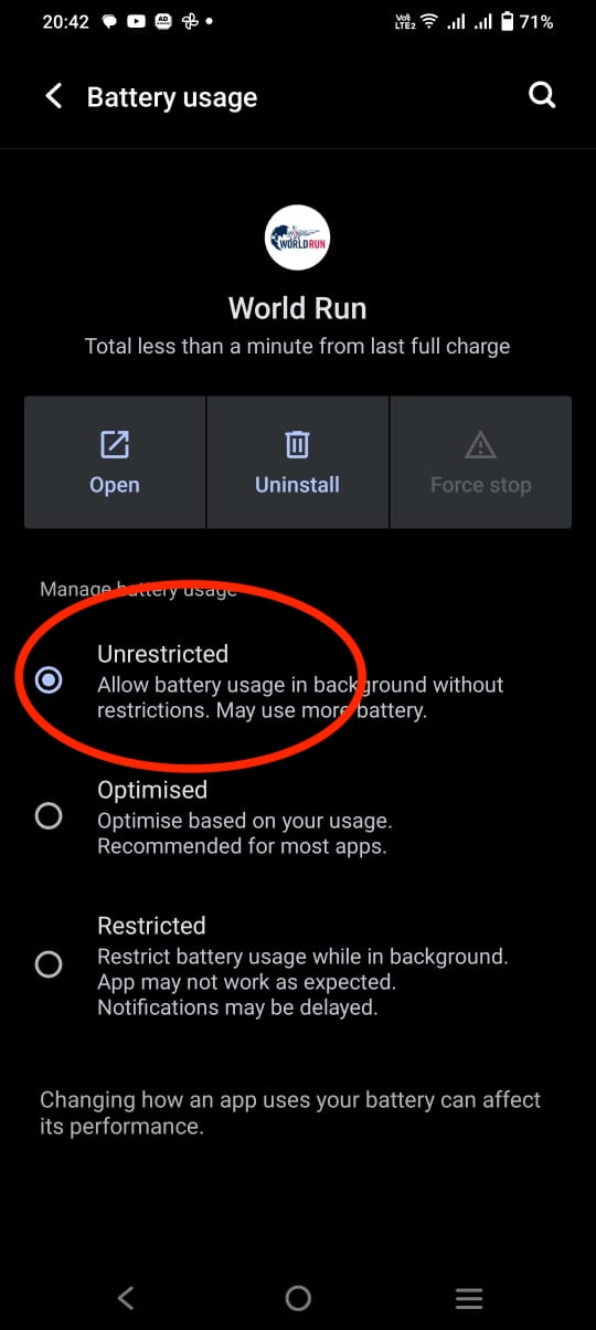Battery usage settings for the Wings for Life World Run app showing