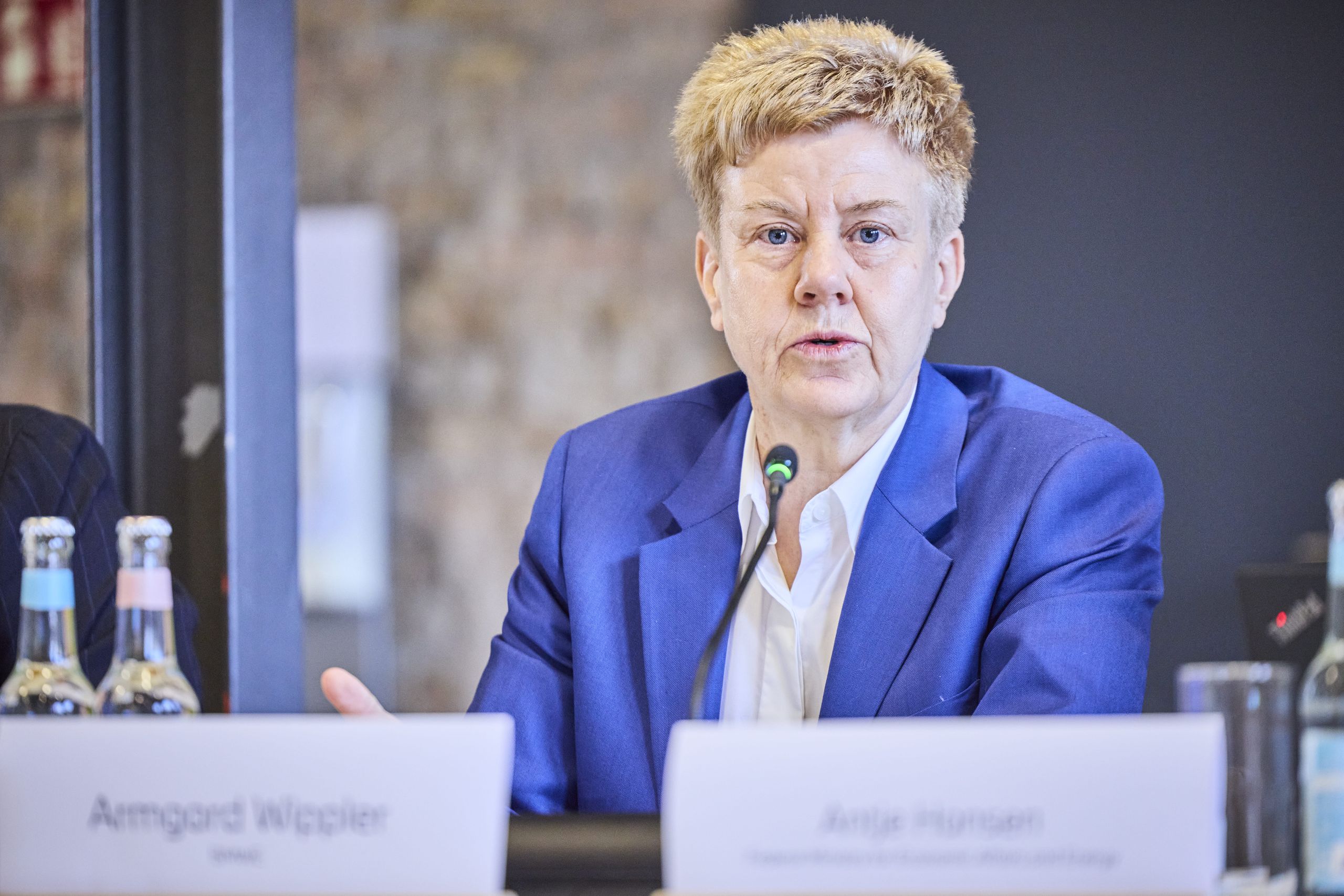 Armgard Maria Wippler, Deputy Head of the Department for SME Policy at the Federal Ministry for Economic Affairs and Energy. A person in a blue blazer speaks at a conference with a microphone, seated before nameplates and bottles on a table.
