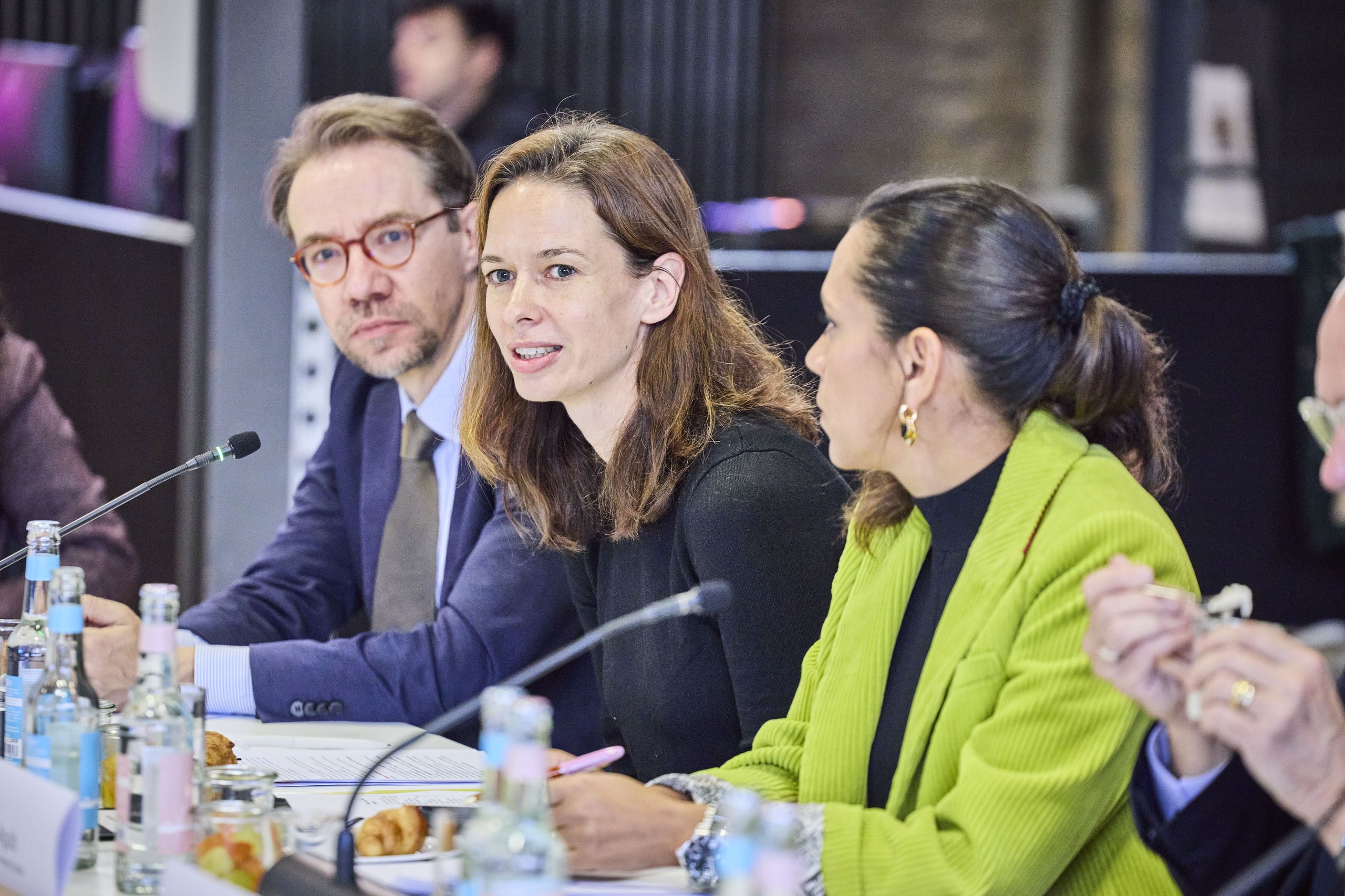 Anne Joachim, VP Central Functions & Investments, BMW Foundation Herbert Quandt. Three people seated at a conference table, engaged in discussion, with microphones and bottled water in front of them.