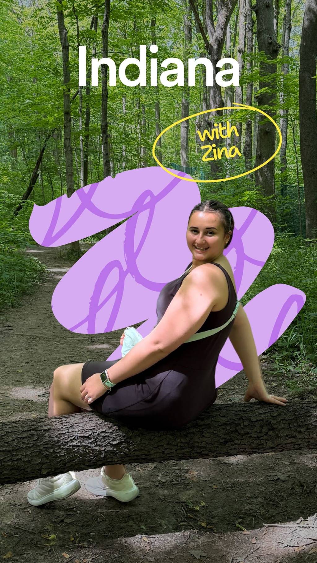 An au pair in Indiana smiling, sitting on a fallen tree in a forest, with text "Indiana with Zina," and purple graphics behind her.