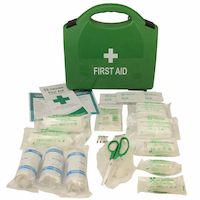 First aid kit with green container and contents in front