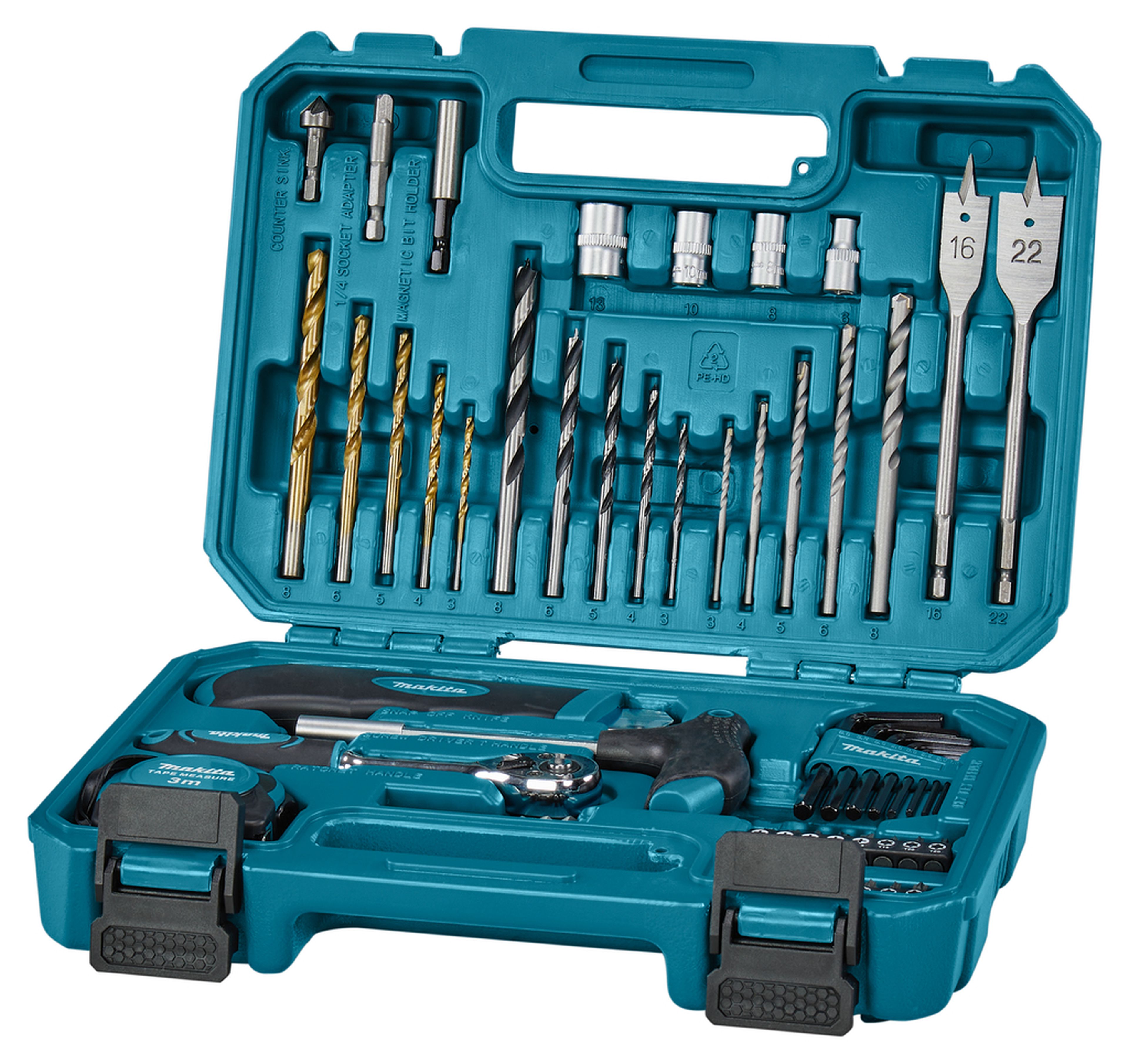 Makita E-15095 60-teiliges Werkzeug-Set – Mit Ratsche, Stecknüssen, Bohrern, Bits Und Maßband