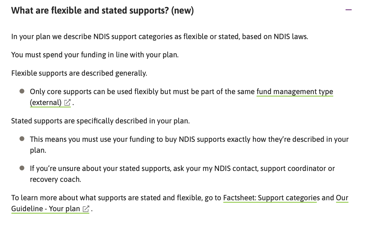Screen shot from saying ‘Stated supports are specifically described in your plan. This means you must use your funding to buy NDIS supports exactly how they’re described in your plan.