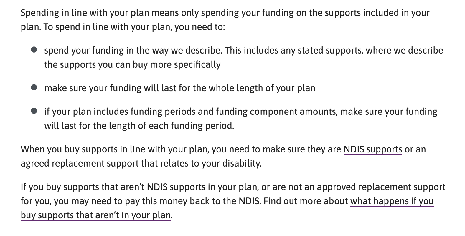 Screen shot from the Operational Guidelines, which state ‘To spend in line with your plan, you need to: spend your funding in the way we describe. This includes any stated supports, where we describe the supports you can buy more specifically.